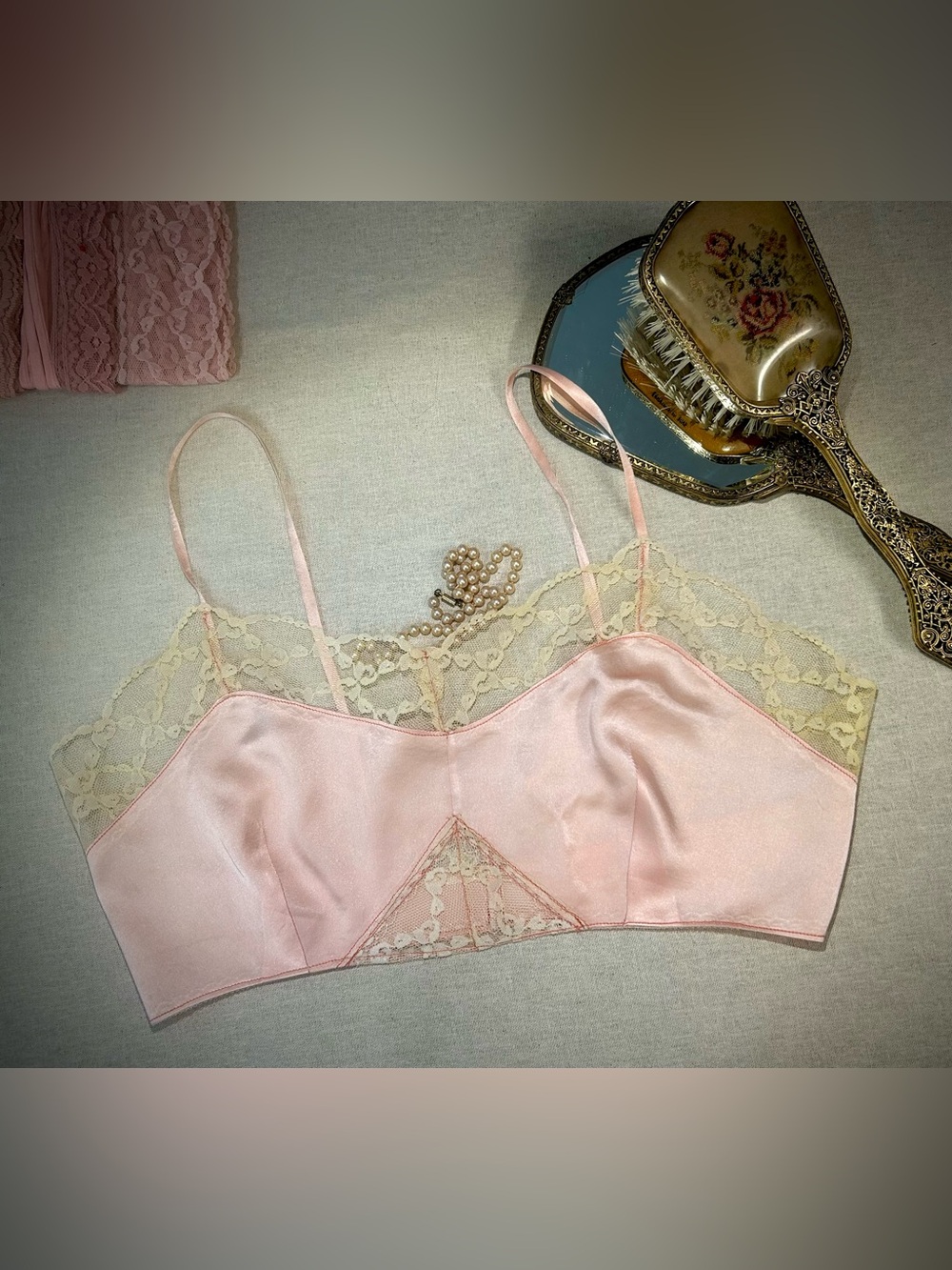 Vintage Pink silk Bralette with faded yellow Lace Trim breast 32. Straps 14”